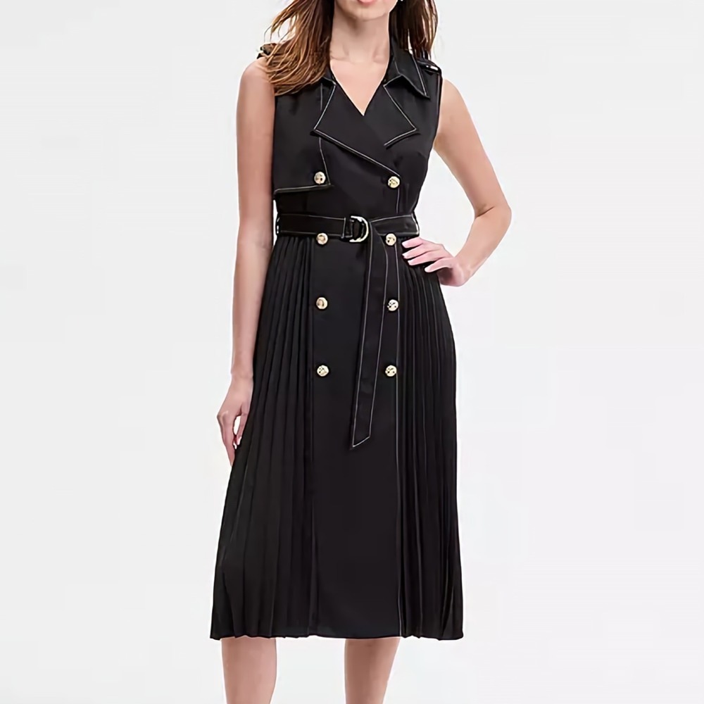 Karl Lagerfeld Paris Satin Back Crepe Midi Belt Black Gold Dress Womens Size 16